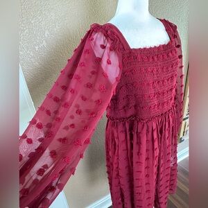 Burgundy Swiss Dot Smocked Chiffon Midi Dress- XL- NWT